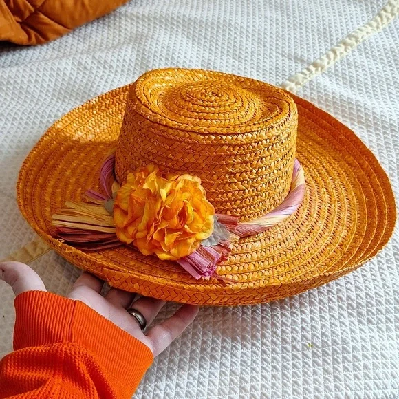 ORANGE STRAW DERBY HAT 👒 - Picture 1 of 7